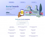 Landing page for BurialSearch.com, introducing the service as a CIMS product and listing cemeteries available for public browsing