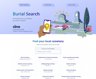 Landing page for BurialSearch.com, introducing the service as a CIMS product and listing cemeteries available for public browsing