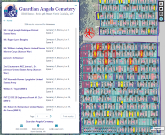 Burial Search page showing a list of veterans and their locations in a cemetery, as well as a map with the burials highlighted