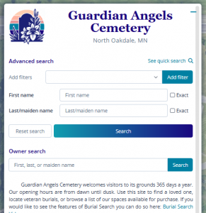 Burial Search page showing the ability to search by owner