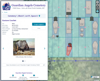 Burial Search page displaying information about an individual burial, including location, individual details, associated images and a map of where the burial is located