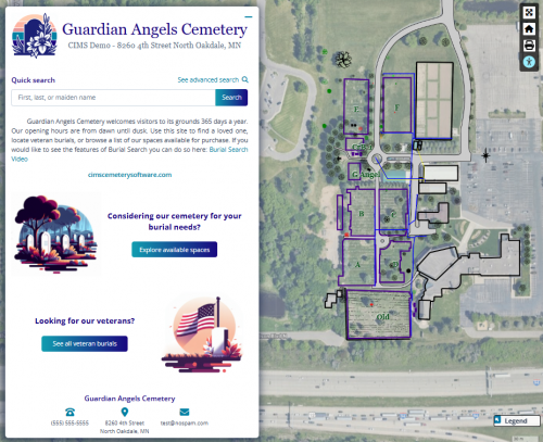 Home page of Burial Search showing basic cemetery information and a navigable map