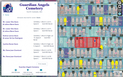 Burial Search image showing a list of matching search results, as well as their highlighted spaces on the map