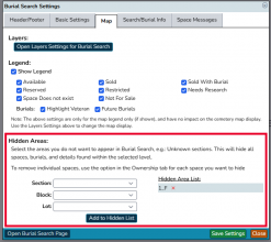 Image of Burial Search settings in CIMS showing a block has been hidden from public viewing and searching
