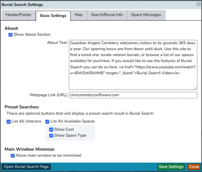Burial Search settings popup displaying the "Basic settings" tab with various options to control Burial Search's behavior and appearance.