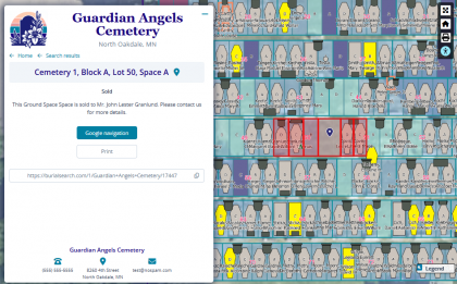 Burial Search image showing a selected "Sold" space with a customized message displaying the owner name