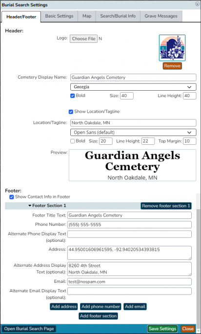 Image showing Burial Search settings, specifically the "Header/Footer" tab and various options